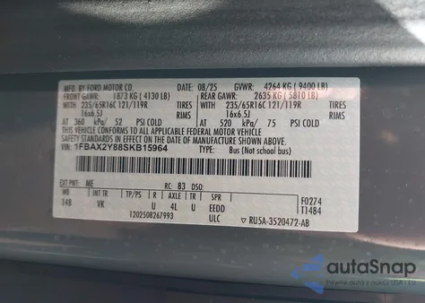 2025 Ford Transit-350 Passenger Van Xl z USA, uszkodzony, nr VIN 1FBAX2Y88SKB15964